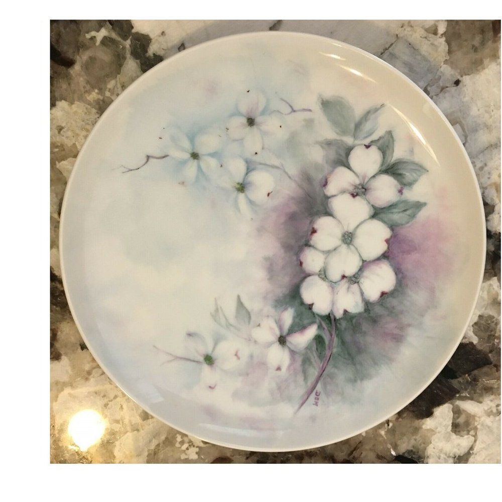 Vintage Hand Painted Porcelain Plate White Flowers 8" Artist Initials